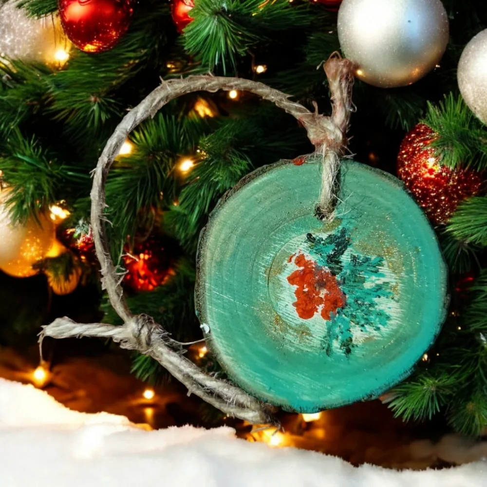 Anna's Creations Hand Crafted Painted Round Wood  Hanging Ornament Winter Holly